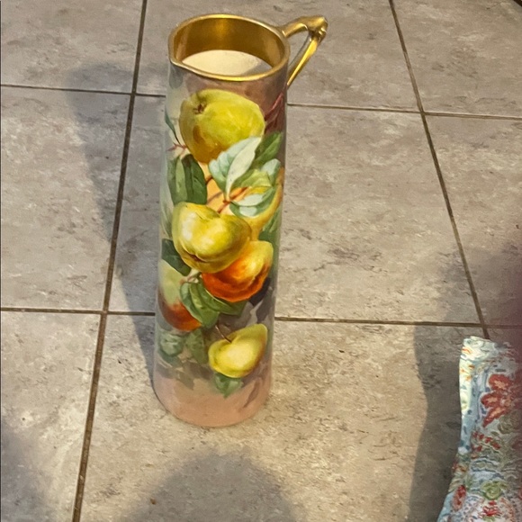 Limoges Tall Fruit Motif Pitcher with Yellow and Green Accents